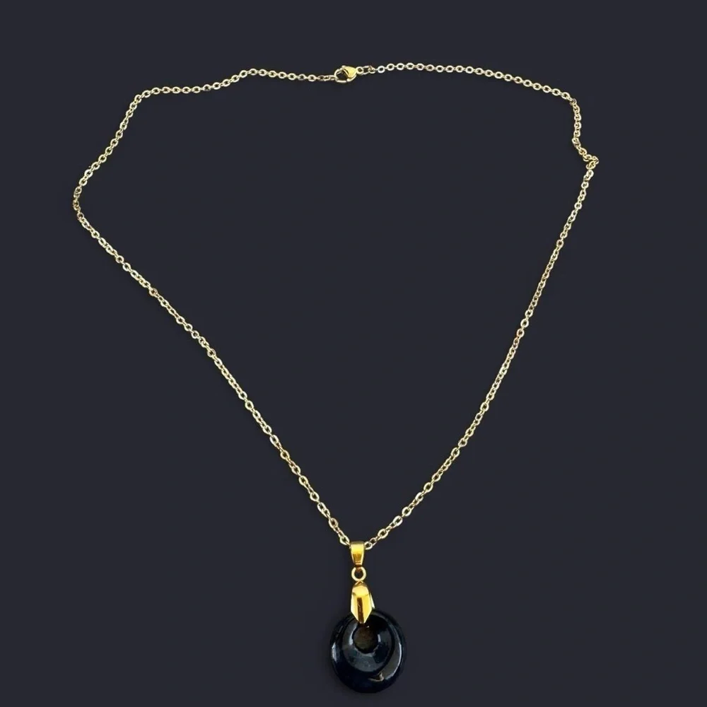 Black Agate Donut Pendant Gold Necklace